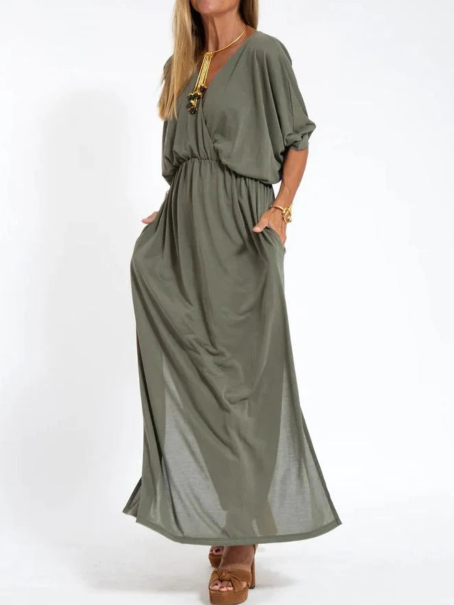 Women s Casual Solid Color V Neck Slit Dress